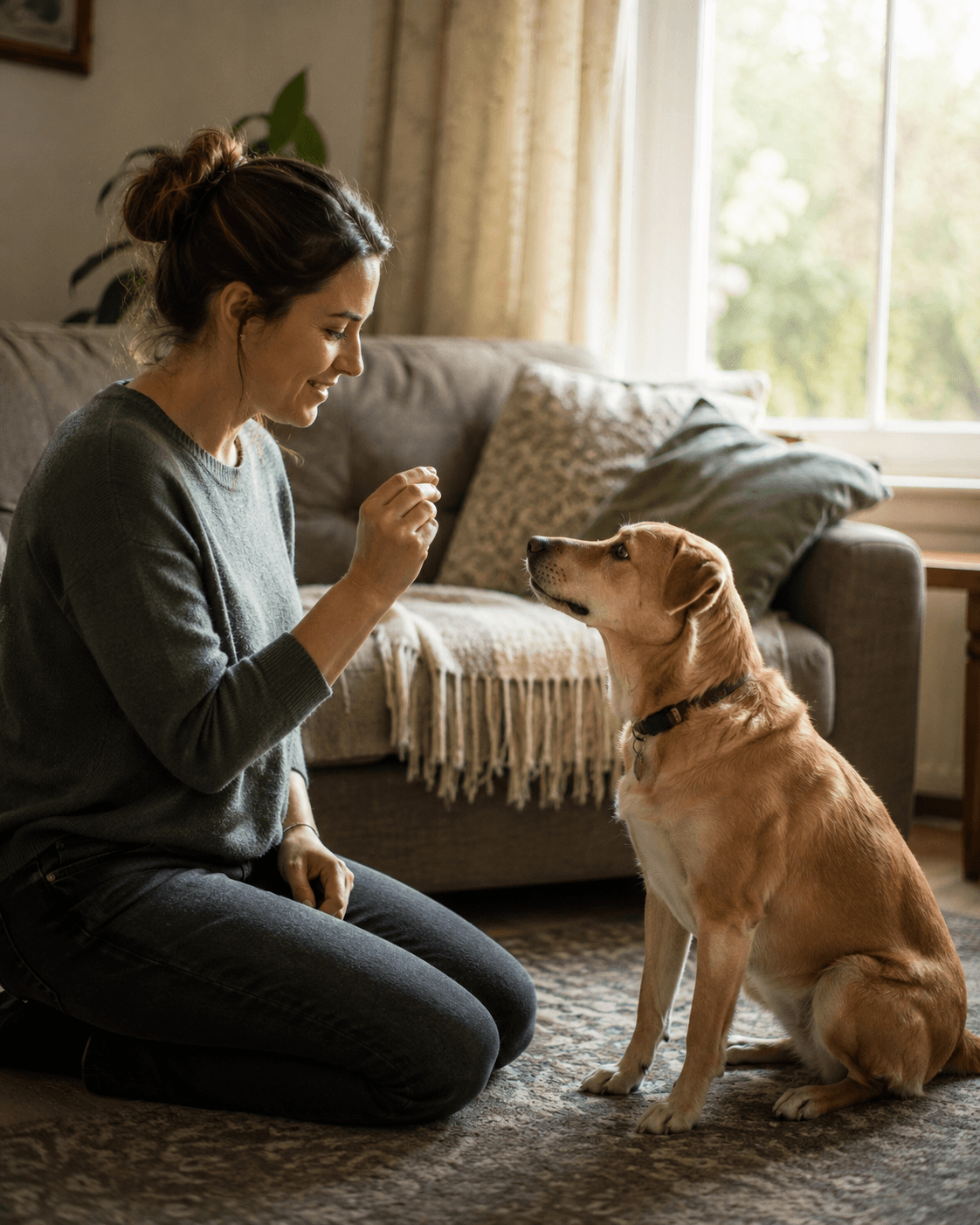 A dog trainer rewarding an attentive dog during an at-home session
