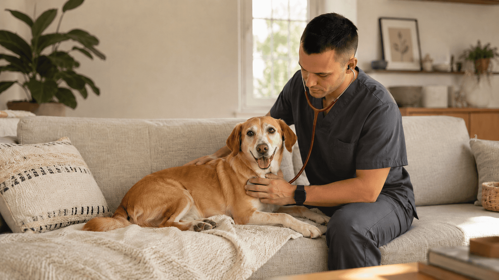 A vet listening to a dog's chest on the sofa during a home visit